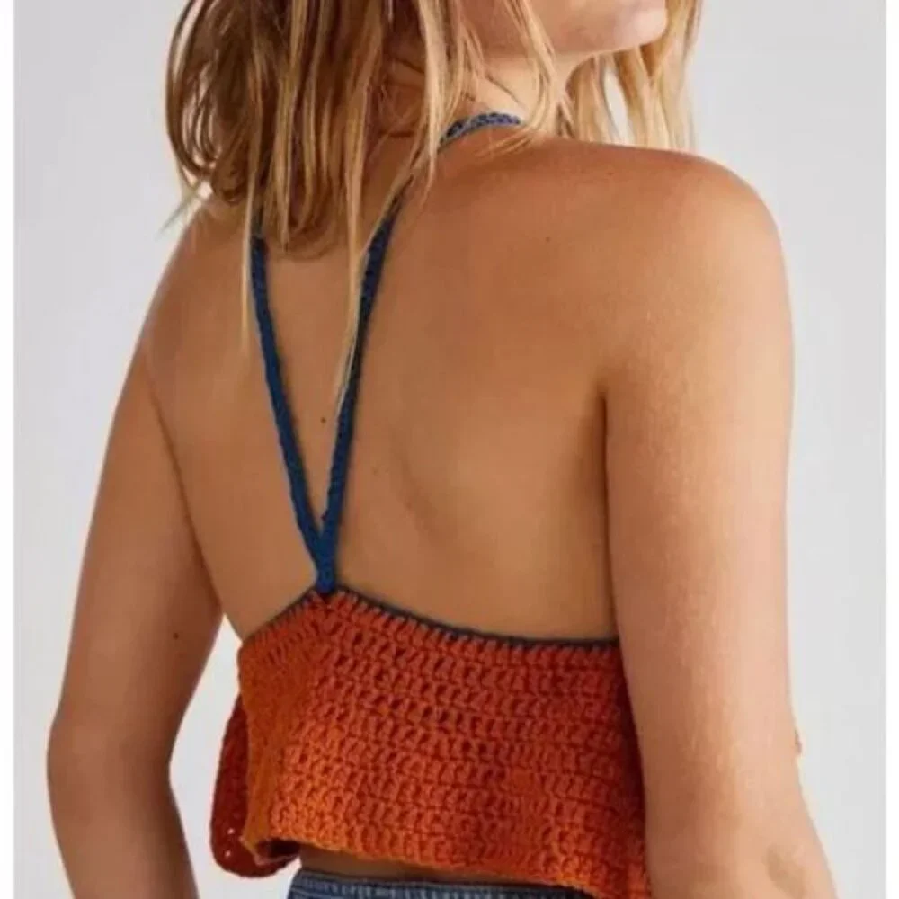 Free People Brown Bella Crochet Halter Top Size Large 38051